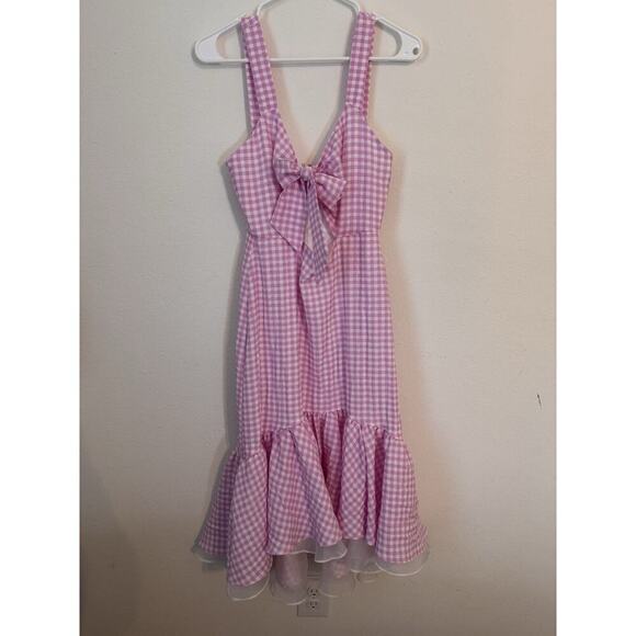 New BCBGeneration Dress XS Gingham Pink White Bow Ruffles Cut Out Summer Barbie - Picture 2 of 15